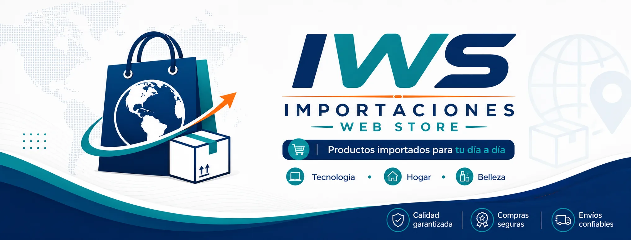 Banner de IWS Ecuador con categorías tecnología, hogar y belleza